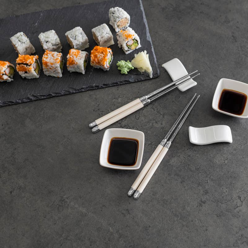 Chopsticks & Ceramic Rests with Sauce Bowls (Set of 2) - Ivory