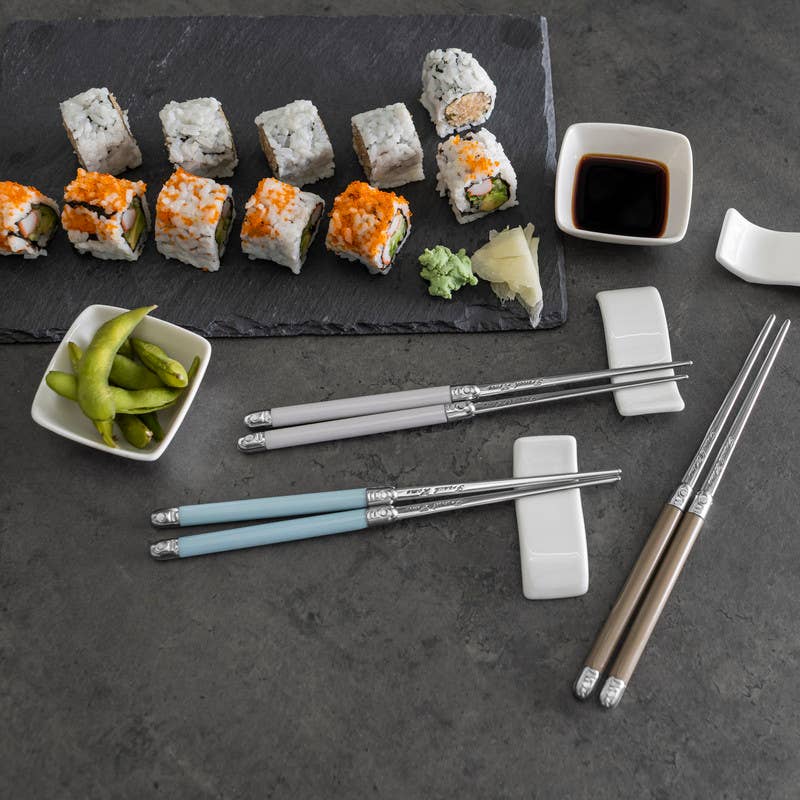 Chopsticks & Ceramic Rests with Sauce Bowls (Set of 4) - Mother of Pearl