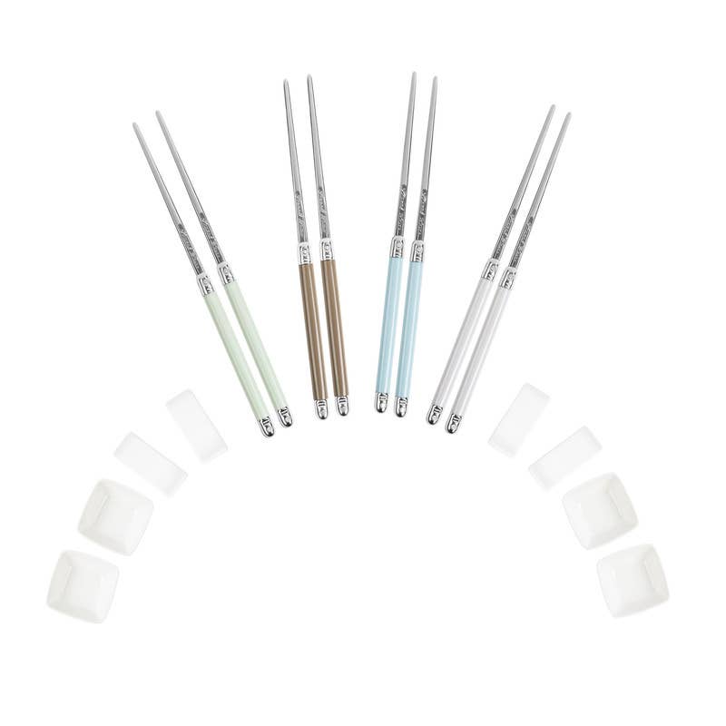 Chopsticks & Ceramic Rests with Sauce Bowls (Set of 4) - Mother of Pearl